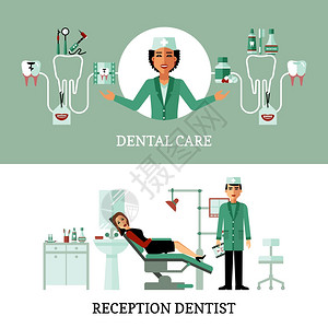 牙医办公室横幅牙科办公室水平横幅与牙科接待牙科护理成平矢量插图图片