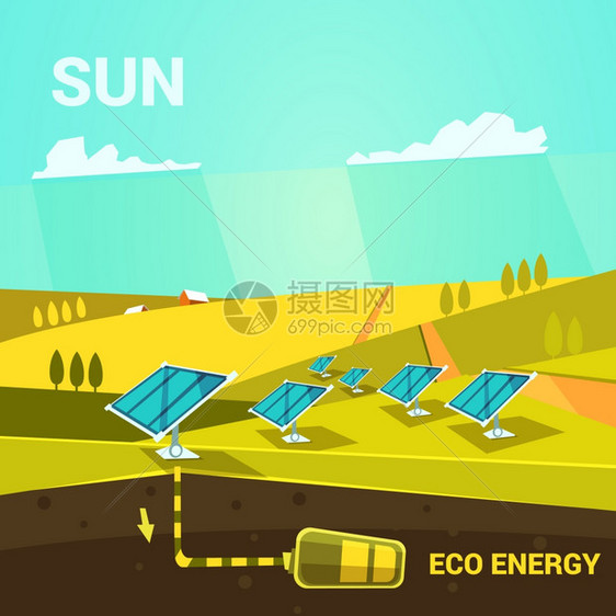 生态能源卡通生态能源卡通海报与太阳能电池板上的场景复古风格矢量插图图片