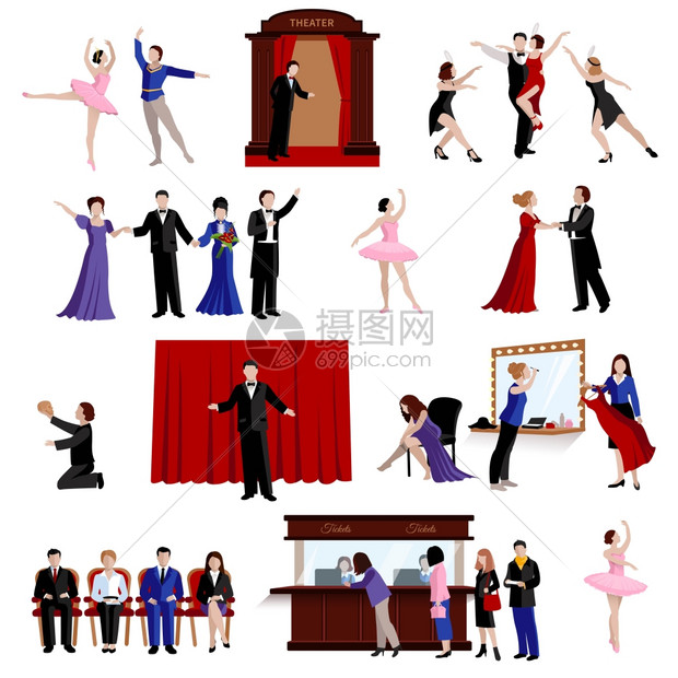 剧院人的图像集平图像集的场景与剧院的人,芭蕾舞观众矢量插图图片