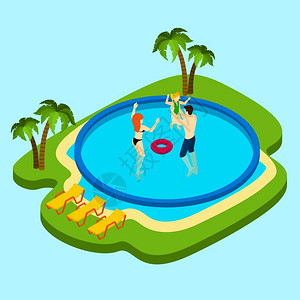 游泳池插图圆形游泳池,父母女儿蓝色背景等距矢量插图图片