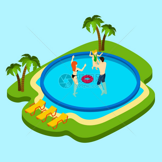 游泳池插图圆形游泳池,父母女儿蓝色背景等距矢量插图图片