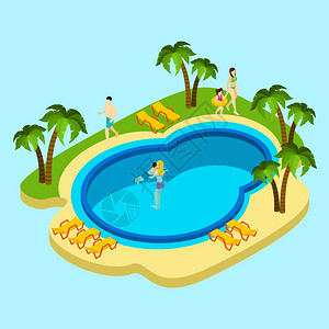 人们水上公园插图人们水上公园与游泳池手掌蓝色背景等距矢量插图图片