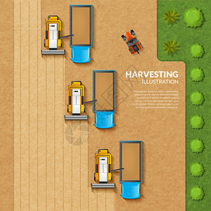 收获顶部视图插图收获与顶部视图粮田与农业机械矢量插图图片