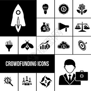 众筹图标黑色众筹图标黑色与创新创业金融支持解决方案符号孤立矢量插图图片