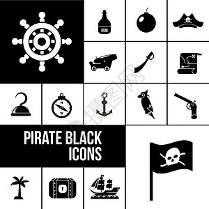 海盗图标黑色套装海盗图标黑色朗姆酒瓶剑孤立矢量插图图片