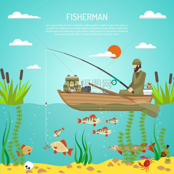 渔夫颜色理念平色与渔夫船芦苇鱼湖平矢量插图图片