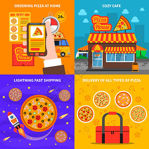 披萨套装比萨饼与咖啡馆家庭送货平图标孤立矢量插图图片