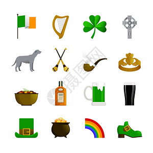 爱尔兰平彩色图标爱尔兰平彩色装饰图标与小妖精绿色帽子鞋彩虹壶与黄金爱尔兰猎犬威士忌图片