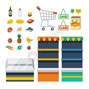 超市装饰图标收集超市平装饰图标收集与食品购物车商店货架纸袋隔离矢量插图图片