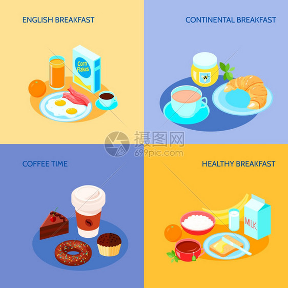 早餐套餐同变体的早餐图标平横幅与矢量插图图片