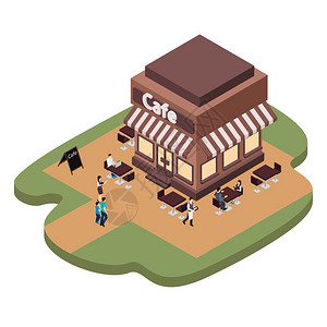 咖啡馆建筑插图咖啡厅建筑与服务员为人们提供咖啡等距矢量插图图片