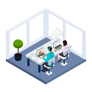 合作商业插图与房间等距矢量插图中工作的人合作商业插图图片