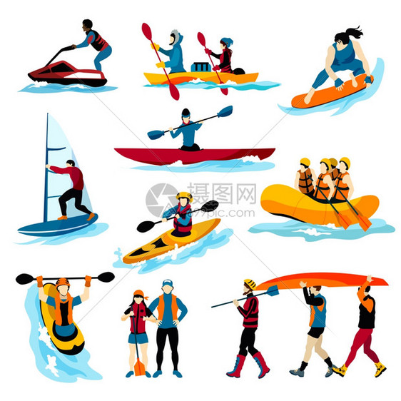 人们极限水运动颜色图标极限水上运动平颜色图标与人漂流冲浪皮划艇风帆孤立矢量插图图片