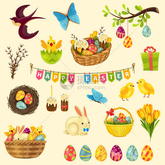 复活节符号复活节卡通符号鸡蛋,鸡蛋糕矢量插图图片