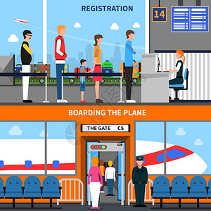 机场横幅机场水平横幅登记登机符号平隔离矢量插图图片