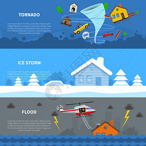 灾难3平横幅套自然灾害3平水平横幅冻结雨冰风暴龙卷风抽象孤立矢量插图背景图片