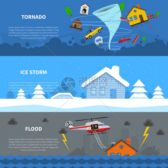 灾难3平横幅套自然灾害3平水平横幅冻结雨冰风暴龙卷风抽象孤立矢量插图图片