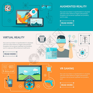 虚拟增强现实水平横幅增强现实电子璃虚拟现实磨损VR游戏与控制器平水平横幅矢量插图图片