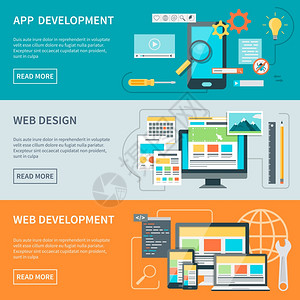 网站开发横幅套三个横向横幅说明了网站开发过程矢量插图的各个方图片