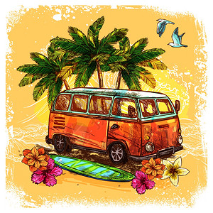 冲浪巴士草图的冲浪嬉皮风格的老式老巴士与冲浪板花卉棕榈素描颜色矢量插图图片