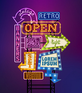 背景街道复古招牌插图复古招牌与轻横幅提供广告现实矢量插图插画