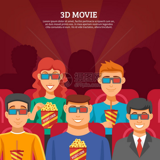 电影观众的理念电影与观众观看3D电影吃爆米花平矢量插图图片