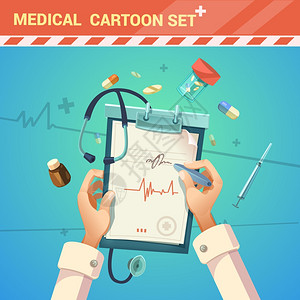 医学卡通插图药物治疗与医生写个处方卡通矢量插图图片