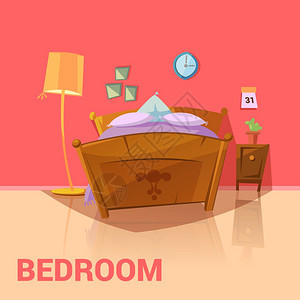 卧室复古卧室复古与床画日历灯卡通矢量插图图片