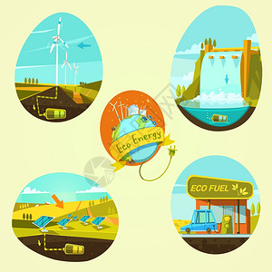 生态能源卡通集生态能源复古风格卡通集孤立矢量插图图片