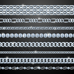 银链套装银色写实链黑色背景孤立矢量插图上图片