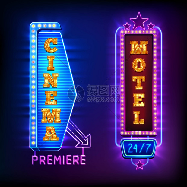 复古的灯光垂直标志复古灯光垂直标志与电影院汽车旅馆标志隔离矢量插图图片