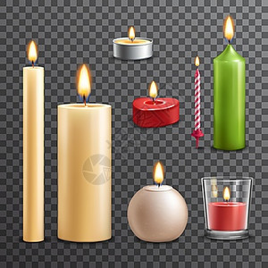 蜡烛透明套装蜡烛现实的三维隔离透明的背景矢量插图图片