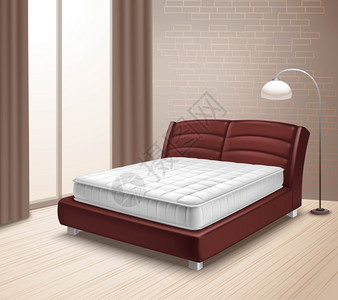 家庭床垫床双层床垫床家庭内部与窗帘窗口落地灯现实风格的孤立矢量插图图片