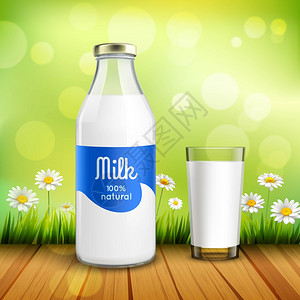 瓶杯牛奶封闭的天然牛奶瓶,光泽的帽子全杯牛奶绿色背景与洋甘菊矢量插图图片