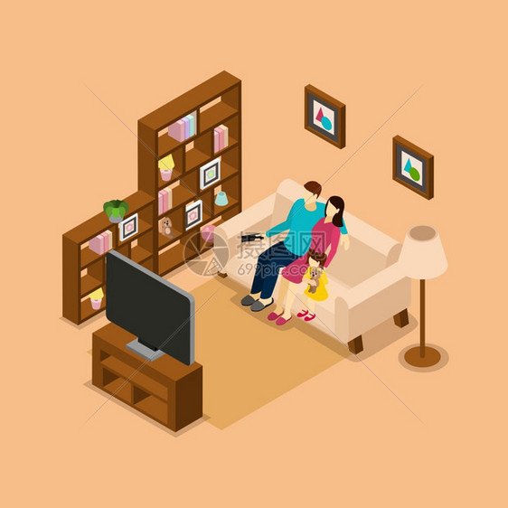 家人家看电视等距横幅家人家沙发上看电视等距图片打印与丈夫妻子孩子矢量插图图片