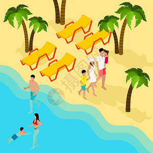 家庭热带海滩度假等距横幅热带海滩家庭度假等距横幅与父母孩子洗澡游泳晒黑抽象矢量插图图片