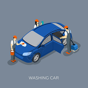 自动服务队洗车等距横幅汽车服务计划汽车维修技术人员队清洗车辆等距横幅抽象矢量插图图片