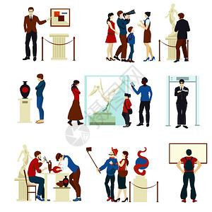 博物馆画廊的彩色图标人们博物馆画廊平彩色图标与游客,守护者,雕塑,图片工作艺术家矢量插图图片