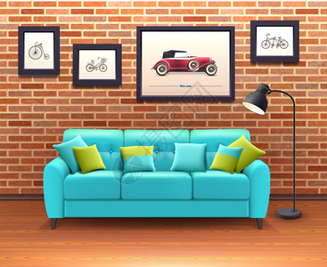 内部与沙发现实插图充满活力的绿松石沙发与装饰枕头带来颜色客厅砖墙内部现实的矢量插图图片