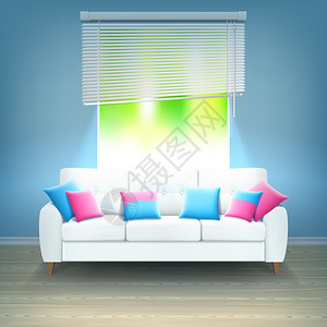 室内沙发霓虹灯写实插图白色皮革豪华沙发,红色蓝色装饰垫明亮的霓虹灯现实矢量插图图片