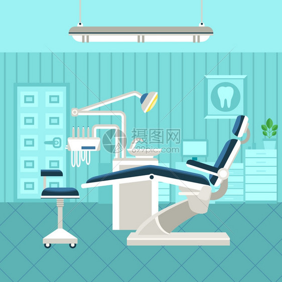 牙科室海报牙科室内部平海报与牙科椅灯钻孔机矢量插图图片