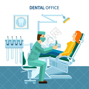 牙科办公室海报牙科办公室的病人牙科椅医生工作平海报矢量插图图片