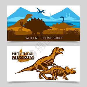 龙水平横幅龙公园古生物博物馆的扁平水平横幅上龙及其骨骼轮廓矢量插图图片