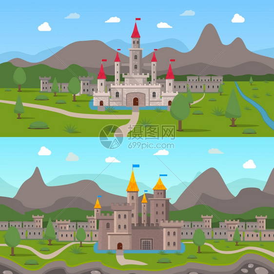中世纪古城堡作文两个水平的卡通作品与中世纪古代城堡堡垒墙与漏洞的山脉背景平矢量插图图片