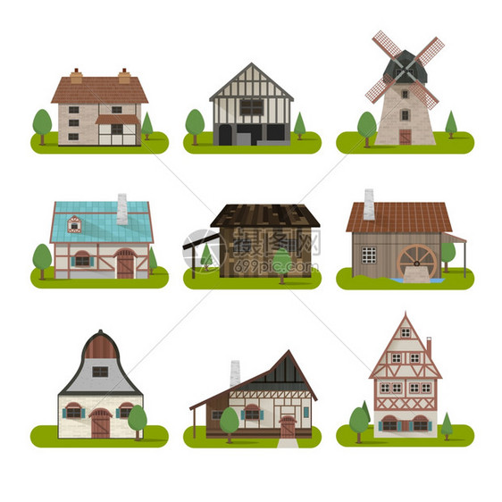 中世纪古建筑中世纪古建筑了同类型的传统房屋矢量插图图片