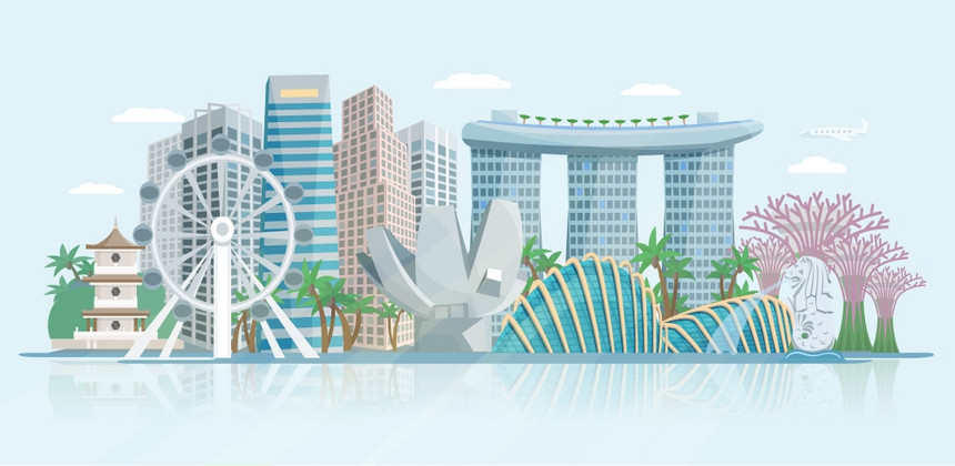 新加坡天际线平全景海报新加坡天际线全景与现代中央商务区摩天大楼历史寺庙建筑抽象矢量插图图片