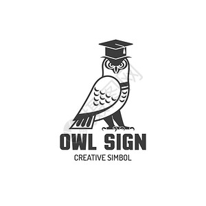猫头鹰平标志黑白标志的猫头鹰方形学术帽创意simbol平矢量插图图片