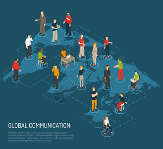 全球传播的人物海报世界深蓝色背景矢量插图上连接全球通信的人的等距海报图片
