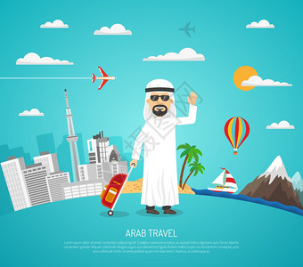 阿拉伯旅行海报卡通旅游海报与阿拉伯游客太阳镜城市景观景观背景矢量插图图片
