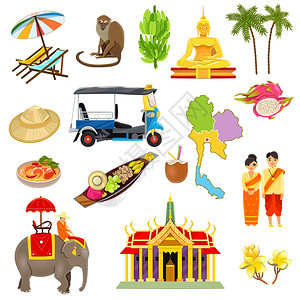 泰国图标泰国图标大象,椰子,海滩船只,卡通矢量插图图片